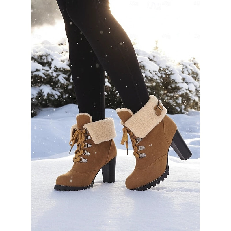 Lace-Up Winter Boots with Gripped Sole and Plush Lining, Chunky Heel