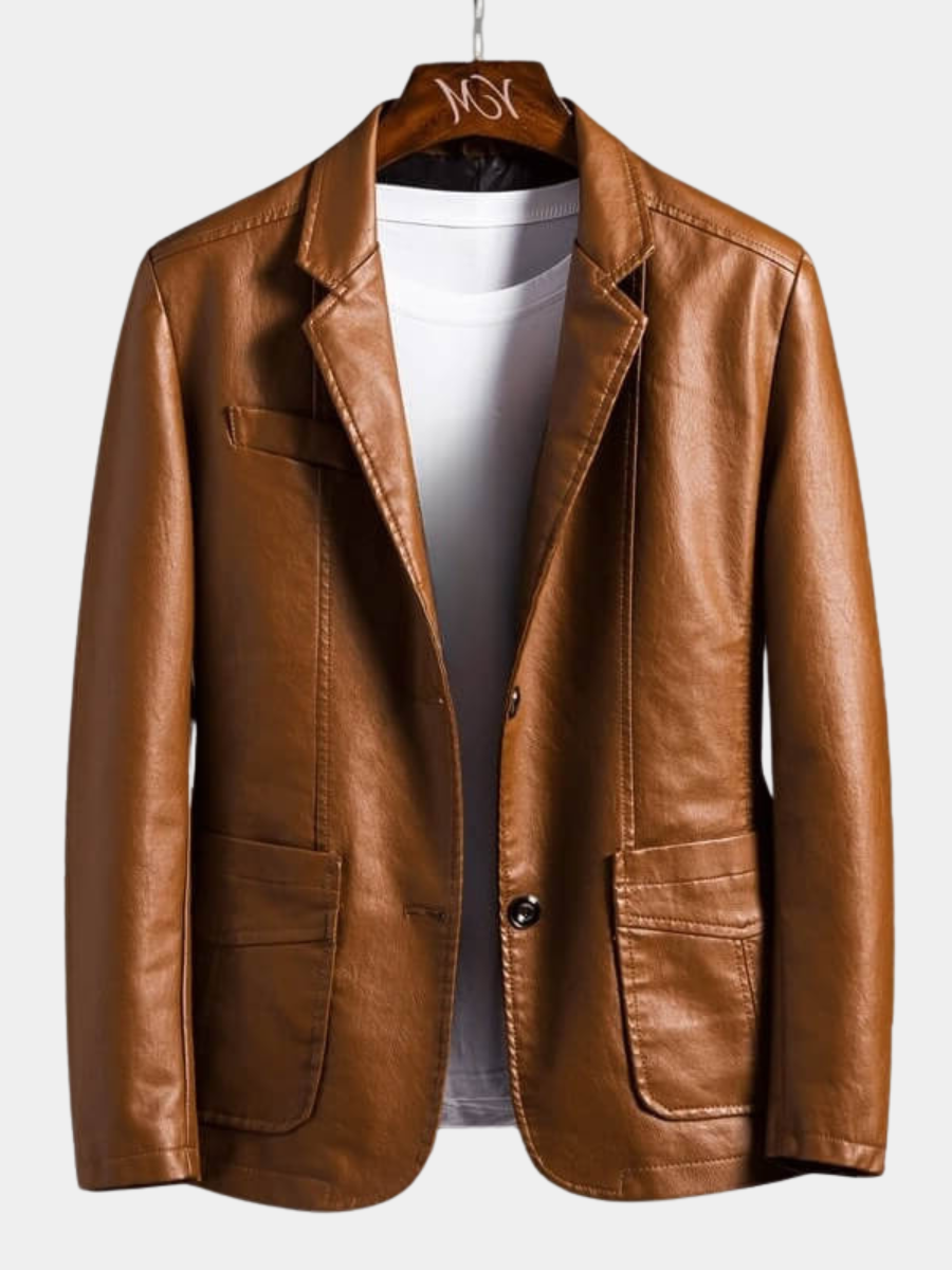 Faux Leather Blazer with Notch Lapels and Two Button Closure
