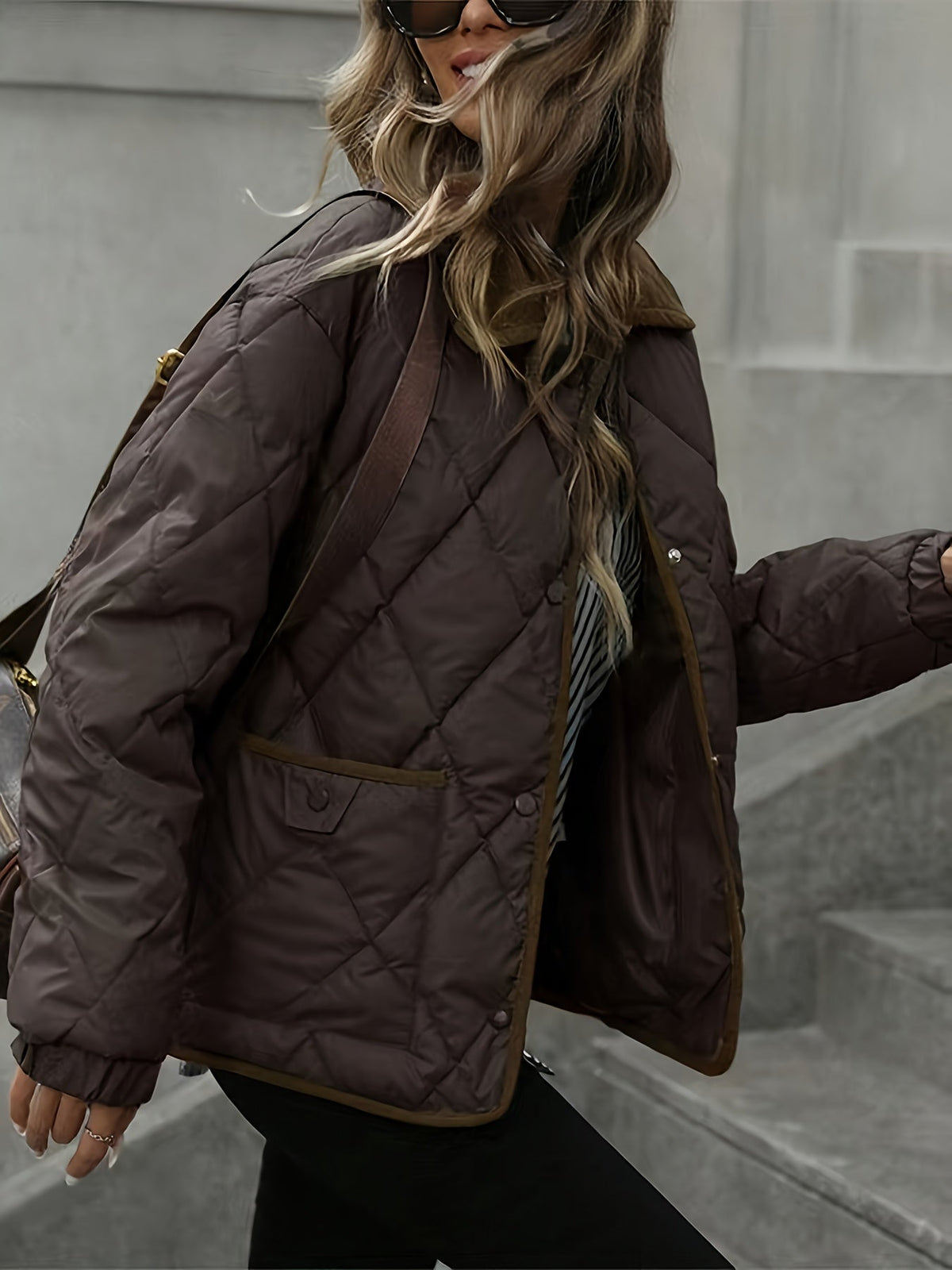 Diamond-Quilted Padded Jacket with Button Front and Relaxed Fit, Contrast Trim
