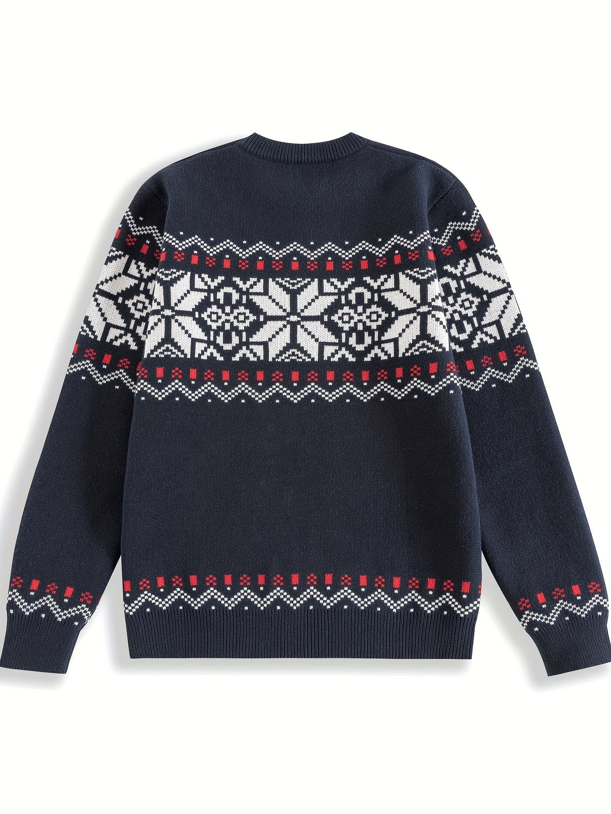 Nordic Knit Sweater with Snowflake Pattern and Ribbed Cuffs, Round Neck