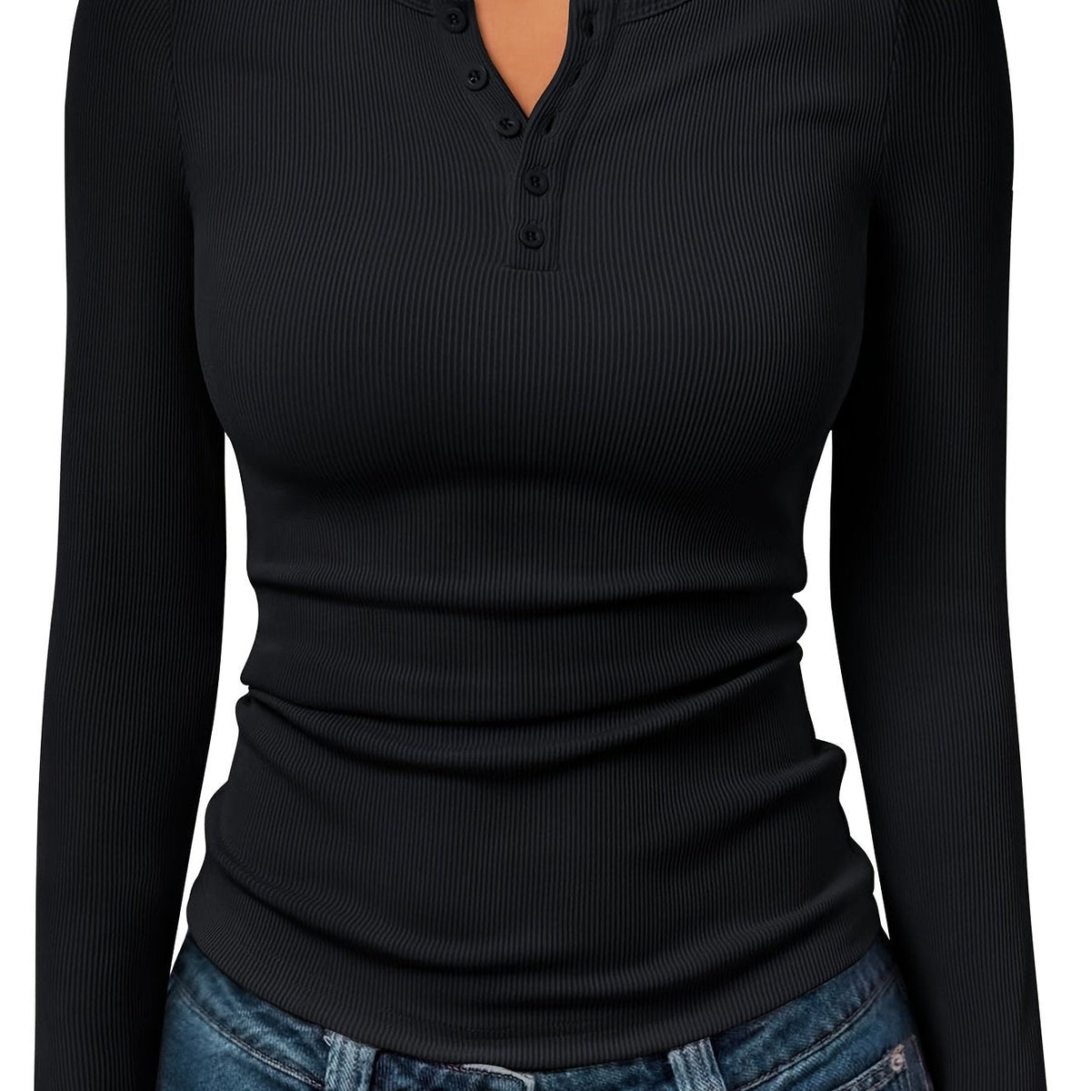 Ribbed Henley Top with Button Neckline and Long Sleeves, Close Fitting