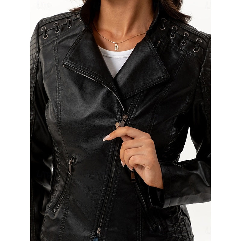 Tailored Biker Jacket with Front Zip and Structured Silhouette for Fall Winter