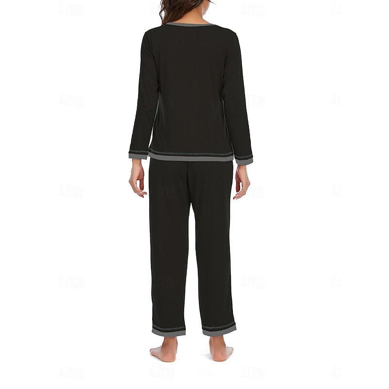 Womens Two Piece Lounge Set with Long Sleeve V Neck Top and Elastic Waist Trousers