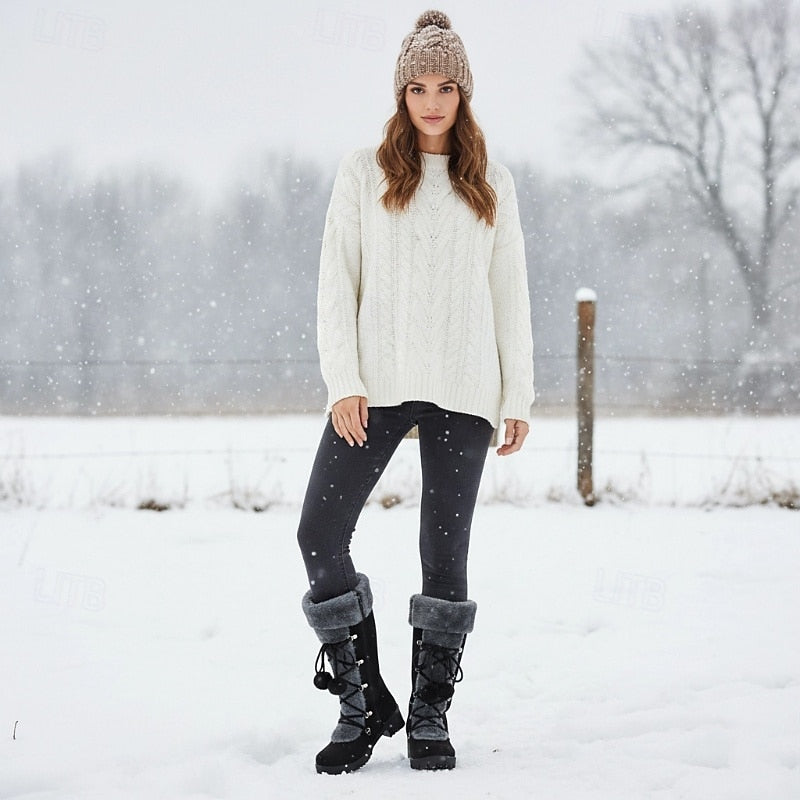 Mid Calf Winter Boots with Lace Up Design and Fur Trim Block Heel