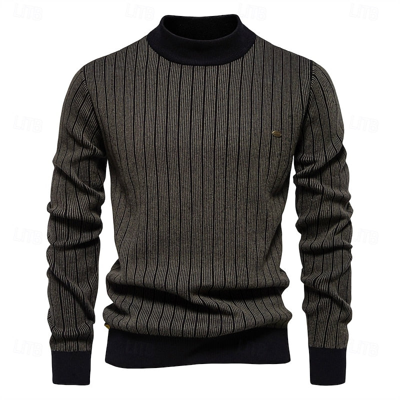Ribbed Mock Neck Sweater with Tailored Fit and Vertical Knit Pattern