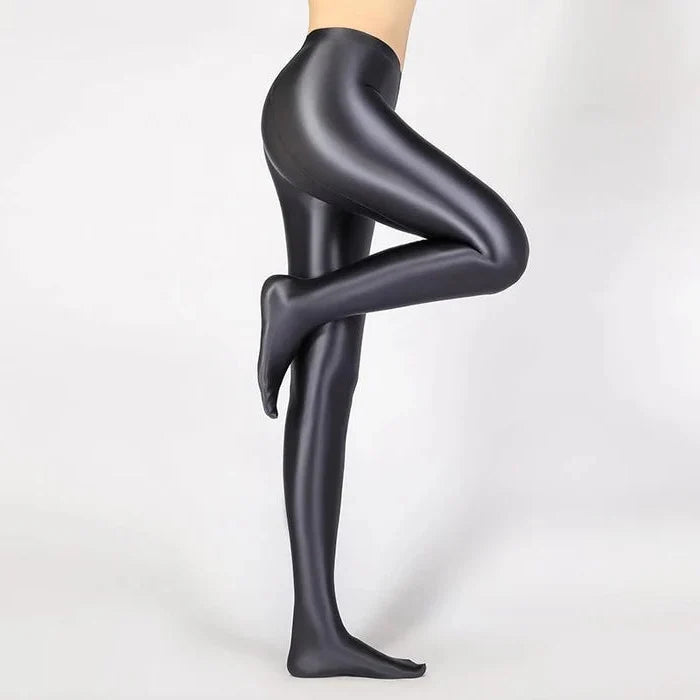 High Waist Opaque Stockings with Glossy Wet Look and Back Seam Detail