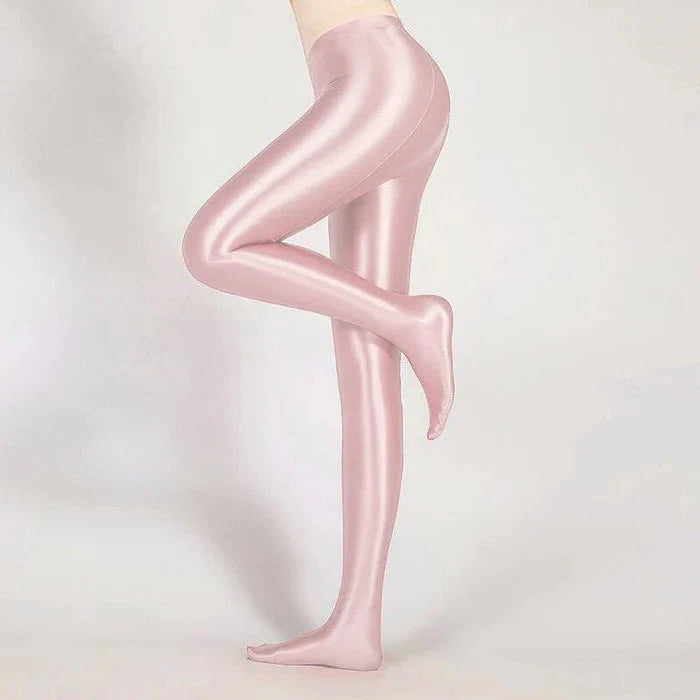 High Waist Opaque Stockings with Glossy Wet Look and Back Seam Detail