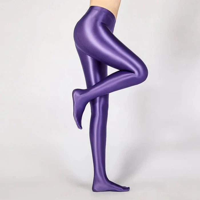 High Waist Opaque Stockings with Glossy Wet Look and Back Seam Detail