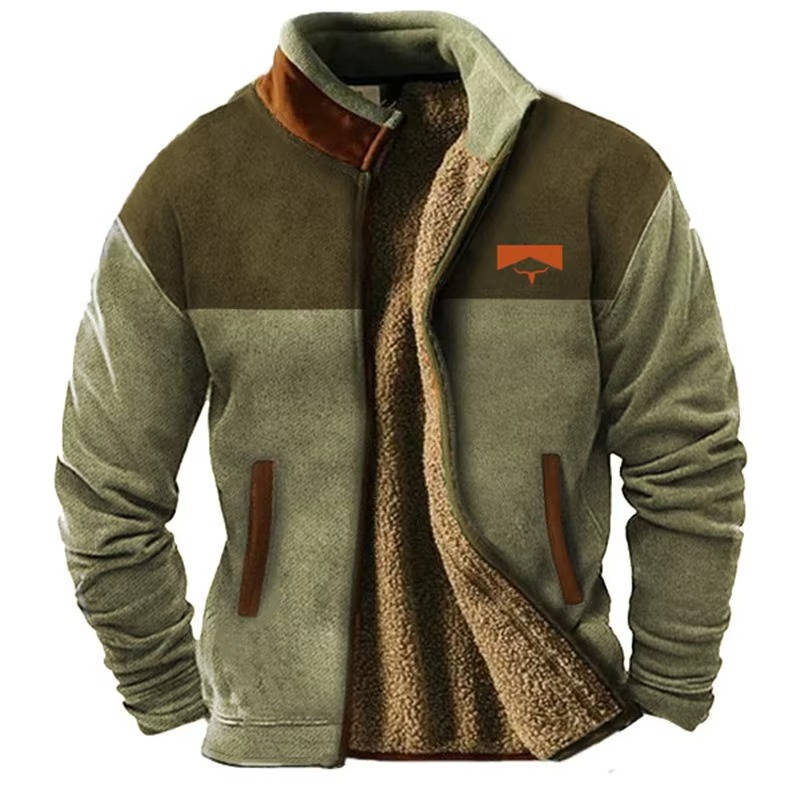 Mens Fleece Jacket with Aztec Geometric Pattern and Stand Collar