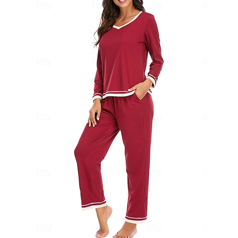 Womens Two Piece Lounge Set with Long Sleeve V Neck Top and Elastic Waist Trousers