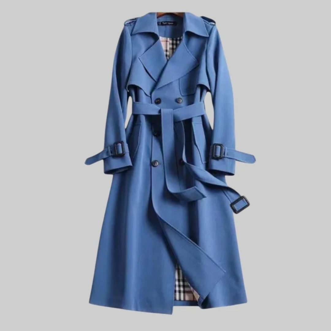 Womens Long Trench Coat with Adjustable Waist Belt and Front Closure