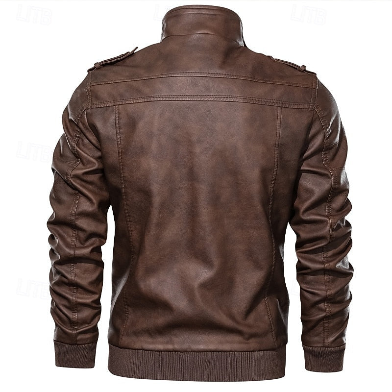 Stand Collar Biker Jacket with Ribbed Cuffs and Full Zip Closure