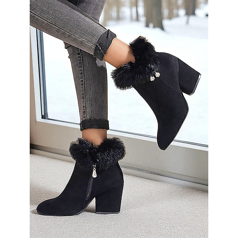 Ankle Boots with Plush Collar and Block Heel, Side Zip Pointed Toe