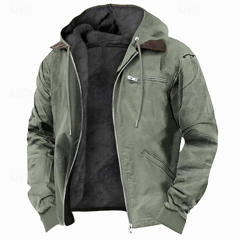 Hooded Zip Jacket with Fleece Lining and Hand Pockets, Adjustable Hood