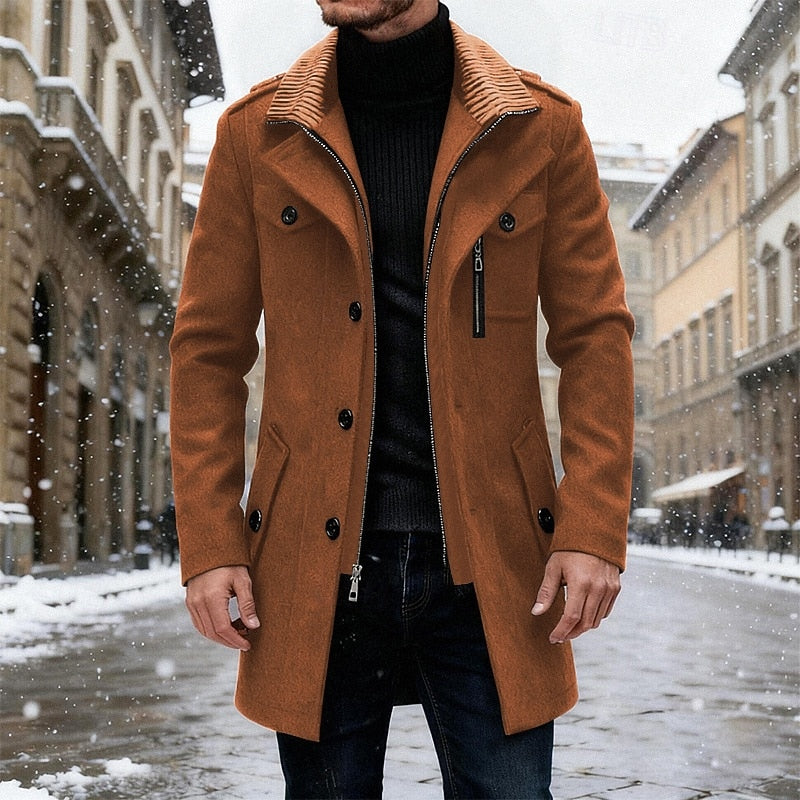 Tailored Overcoat with Structured Collar and Front Button Closure, Side Pockets