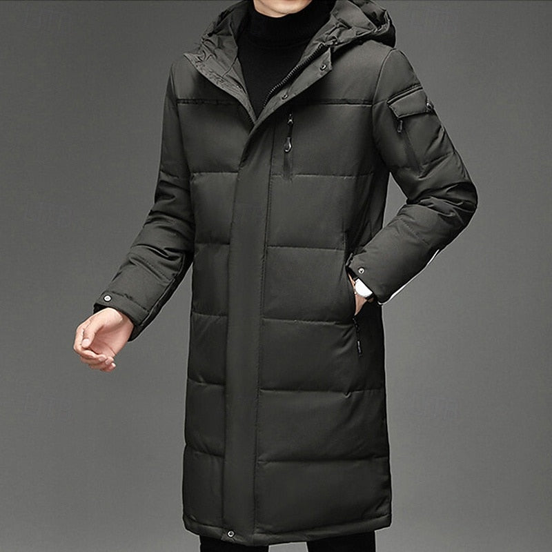 Padded Long Winter Coat with Adjustable Hood and Zip Pockets, Below Knee Length