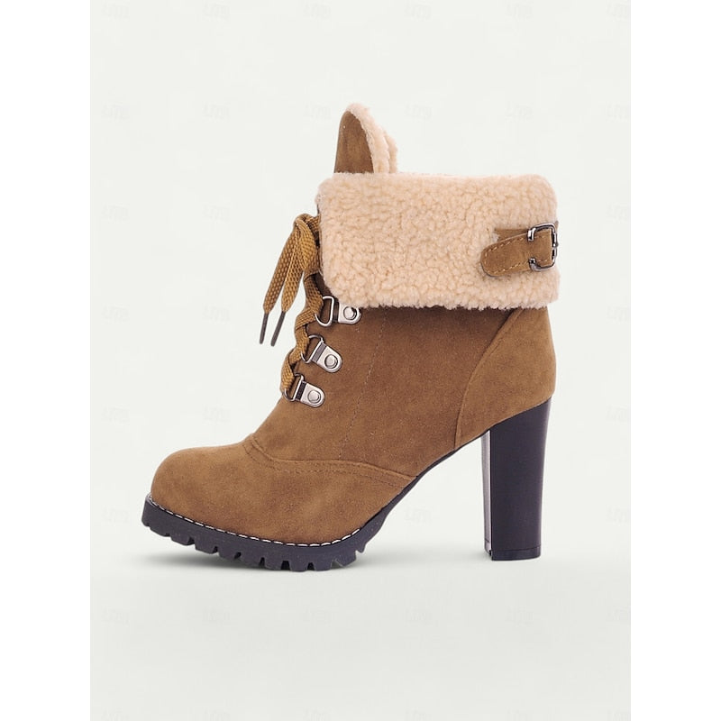 Lace-Up Winter Boots with Gripped Sole and Plush Lining, Chunky Heel