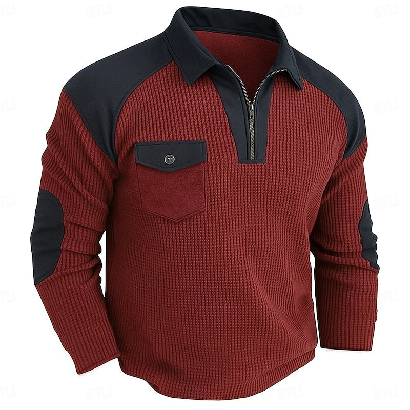 Quarter Zip Pullover with Textured Fabric and Elbow Patches, Chest Pocket