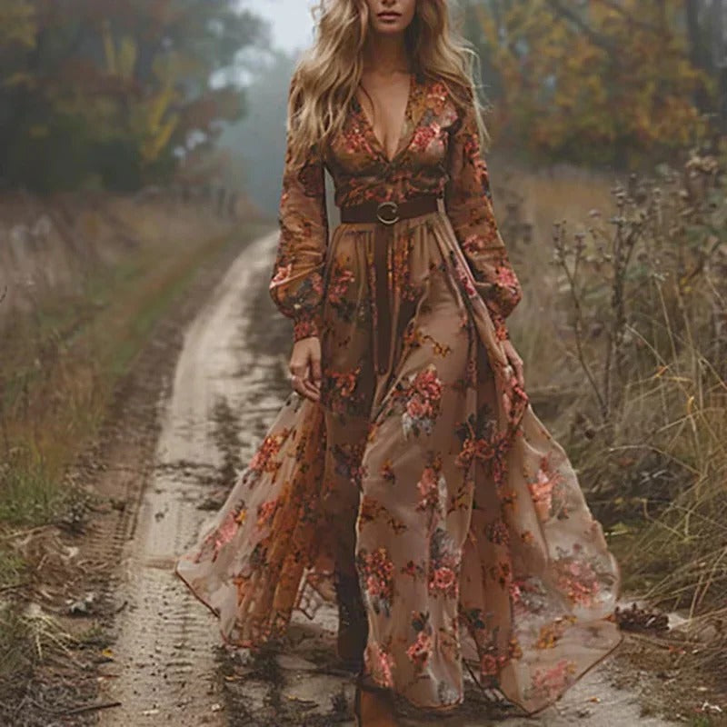 Long Sleeve Tiered Maxi Dress with Printed Pattern and Relaxed Fit