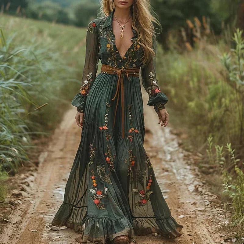 Long Sleeve Tiered Maxi Dress with Printed Pattern and Relaxed Fit