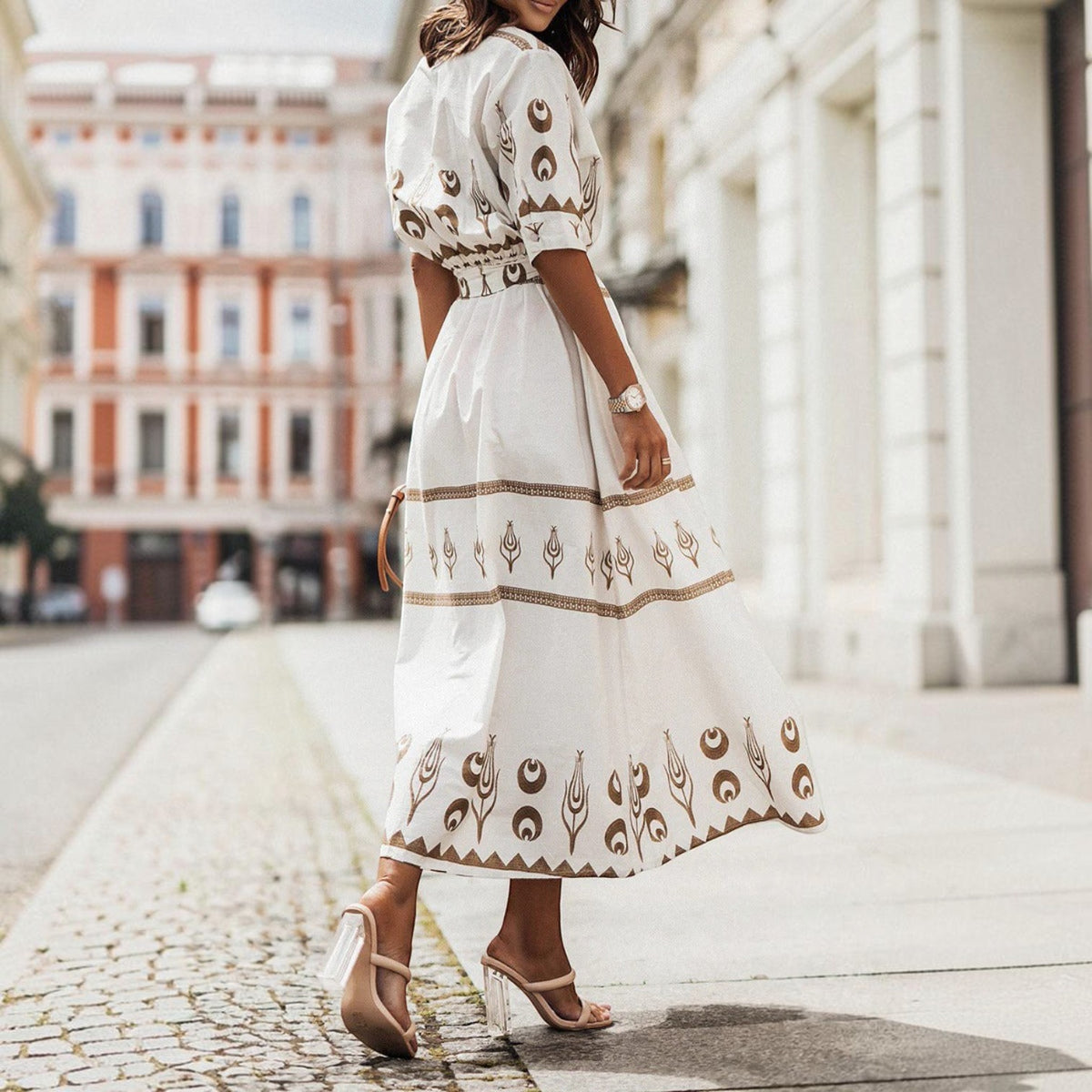A-Line Dress with Short Sleeves and Tailored Fit, Knee to Mid-Calf Length