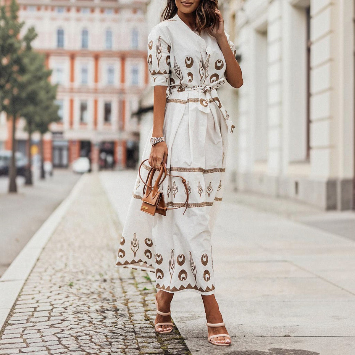A-Line Dress with Short Sleeves and Tailored Fit, Knee to Mid-Calf Length