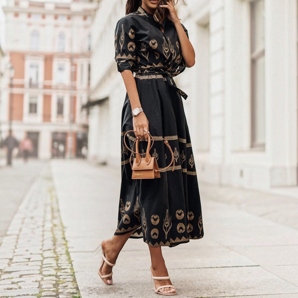 A-Line Dress with Short Sleeves and Tailored Fit, Knee to Mid-Calf Length
