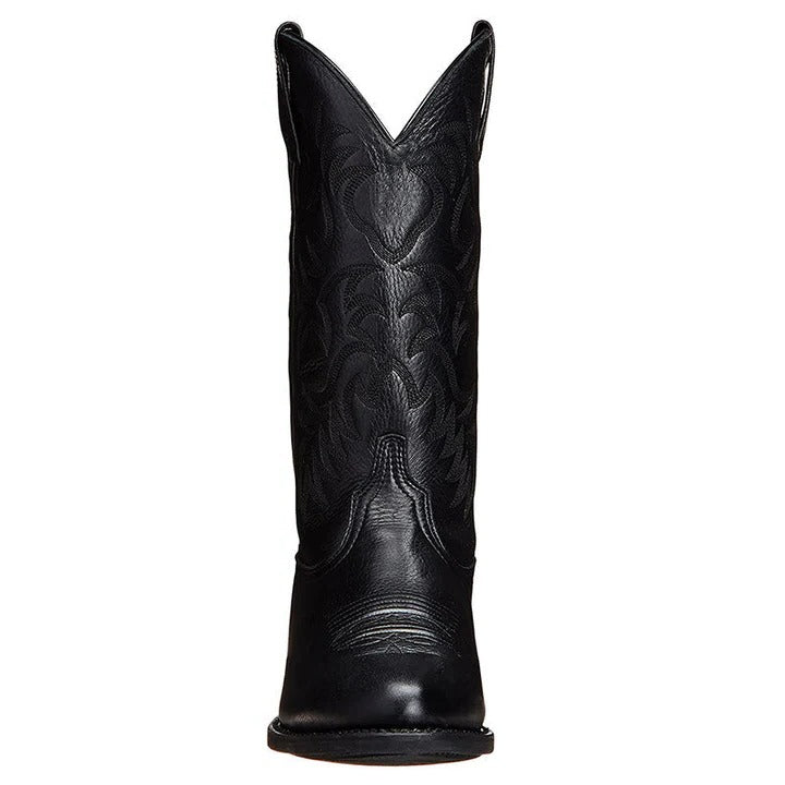 Pointed Toe Cowboy Boots with Mid Calf Shaft and Structured Heel, Rubber Sole