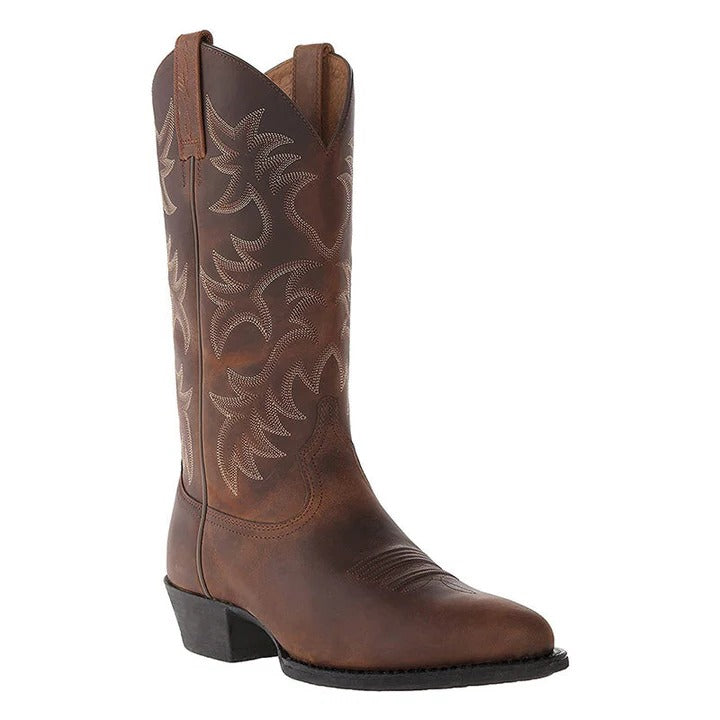 Pointed Toe Cowboy Boots with Mid Calf Shaft and Structured Heel, Rubber Sole