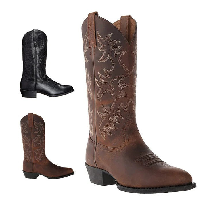 Pointed Toe Cowboy Boots with Mid Calf Shaft and Structured Heel, Rubber Sole