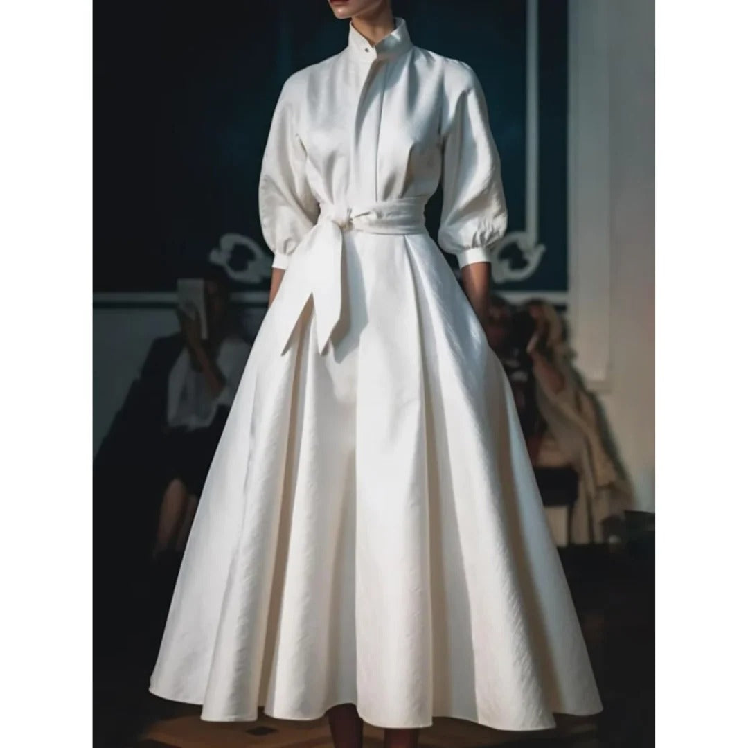 Midi Shirt Collar Dress with Relaxed Fit and Standard Sleeves White