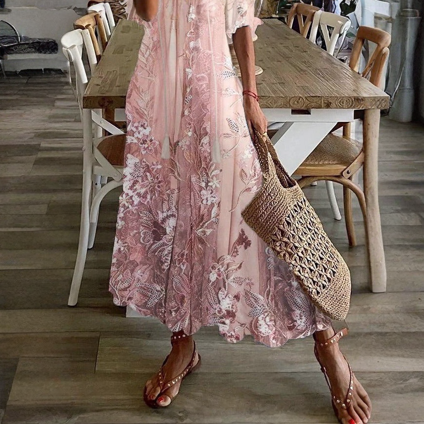 Floral Maxi Dress with V-Neckline and Half Sleeves, Lace-Inspired Details