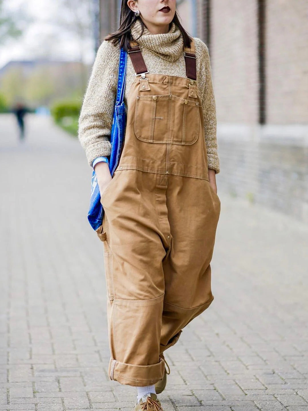 Utility Bib Overalls with Adjustable Straps and Wide Leg Multiple Pockets