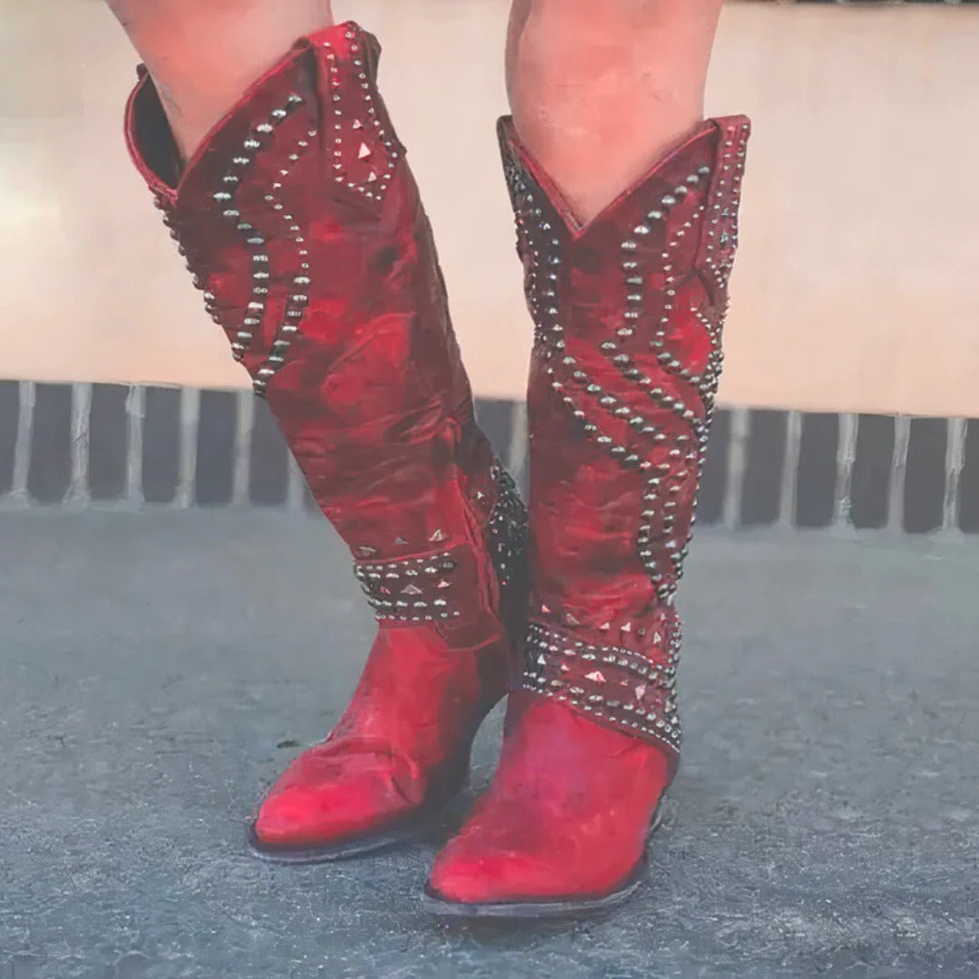 Pointed Toe Knee High Boots with Metal Studs and Side Zipper