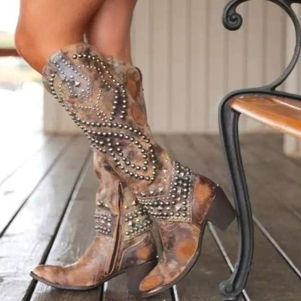 Pointed Toe Knee High Boots with Metal Studs and Side Zipper