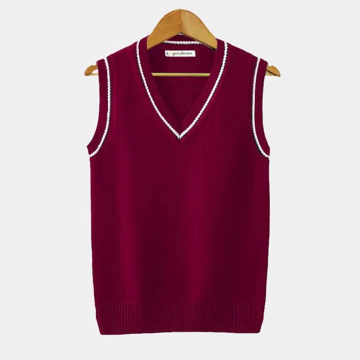 V-Neck Sweater Vest with Ribbed Knit Finish and Striped Accents