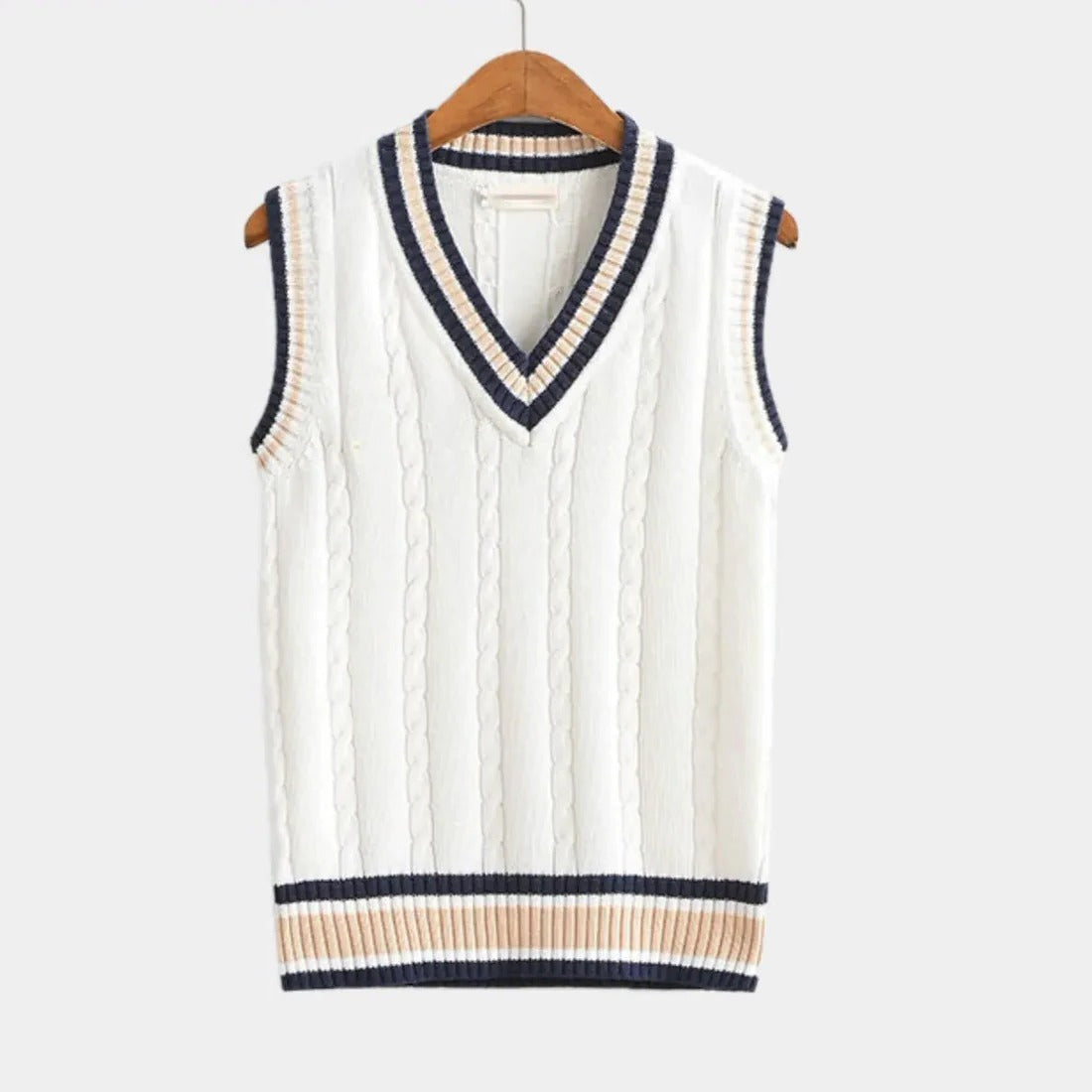 V-Neck Sweater Vest with Ribbed Knit Finish and Striped Accents