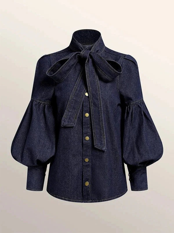 Denim Blouse with Adjustable Bow Tie and Long Puff Sleeves