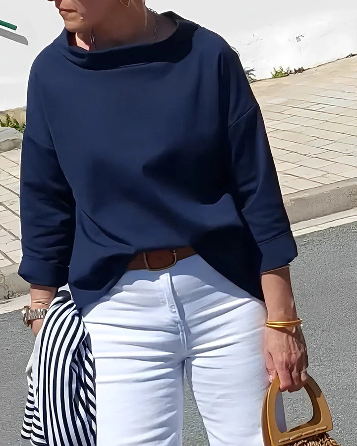 Womens High Collar Top with Three Quarter Sleeves and Relaxed Fit