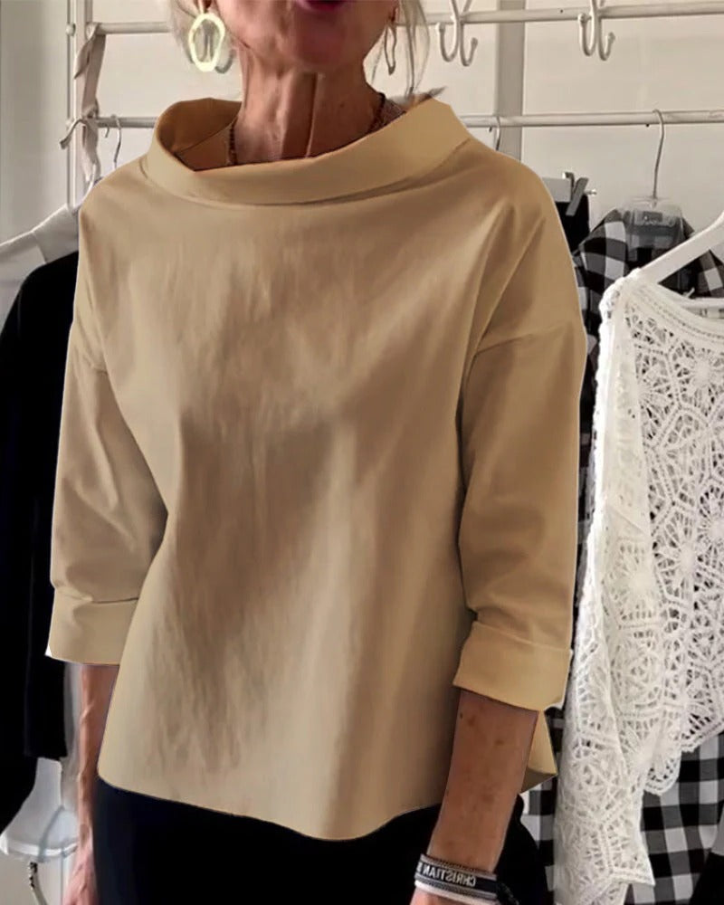 Womens High Collar Top with Three Quarter Sleeves and Relaxed Fit