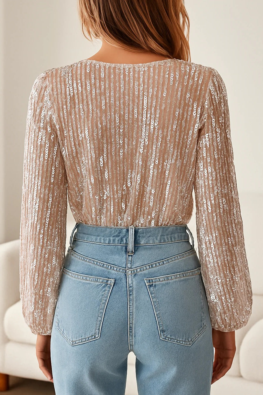 Womens Long Sleeve Sequin Blouse with Deep V Neckline for Evening Wear
