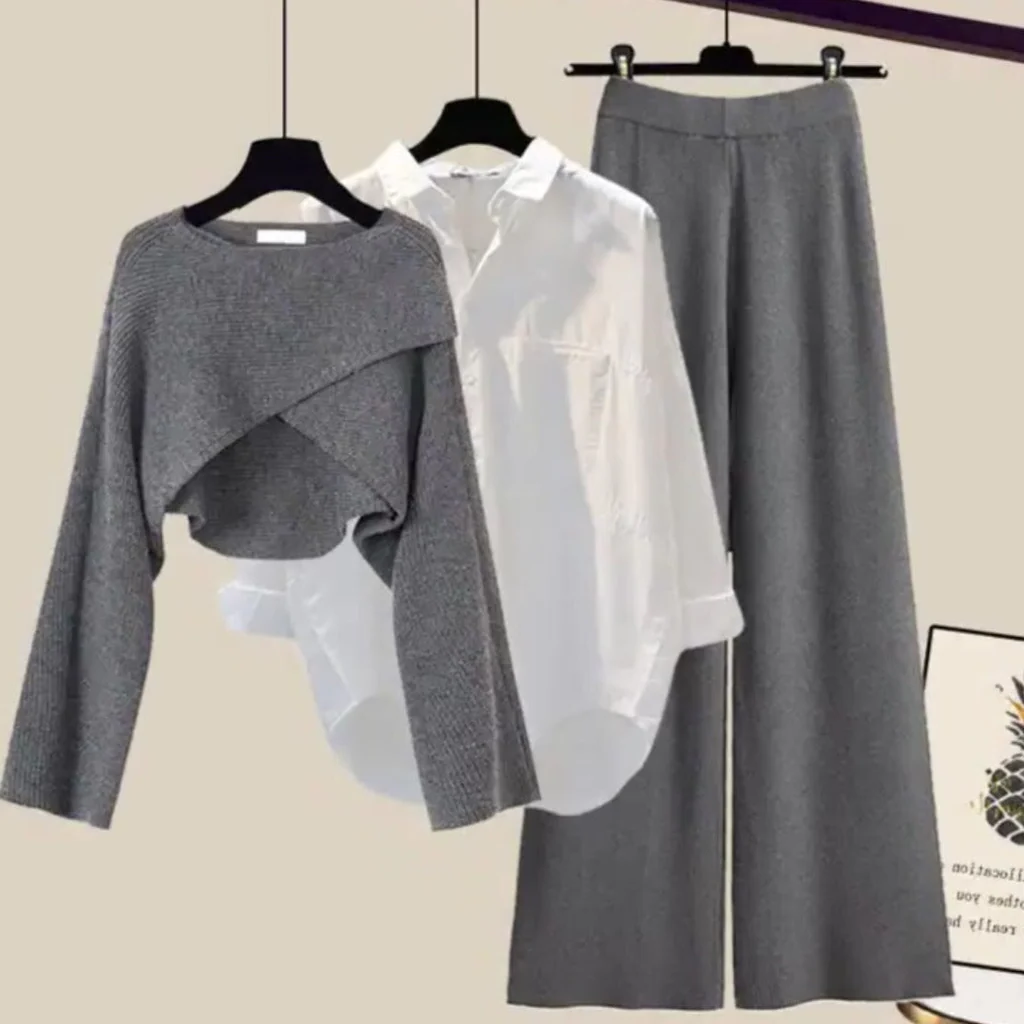 Knitted Sweater Set with Wide Leg Pants and Stretch Waistband