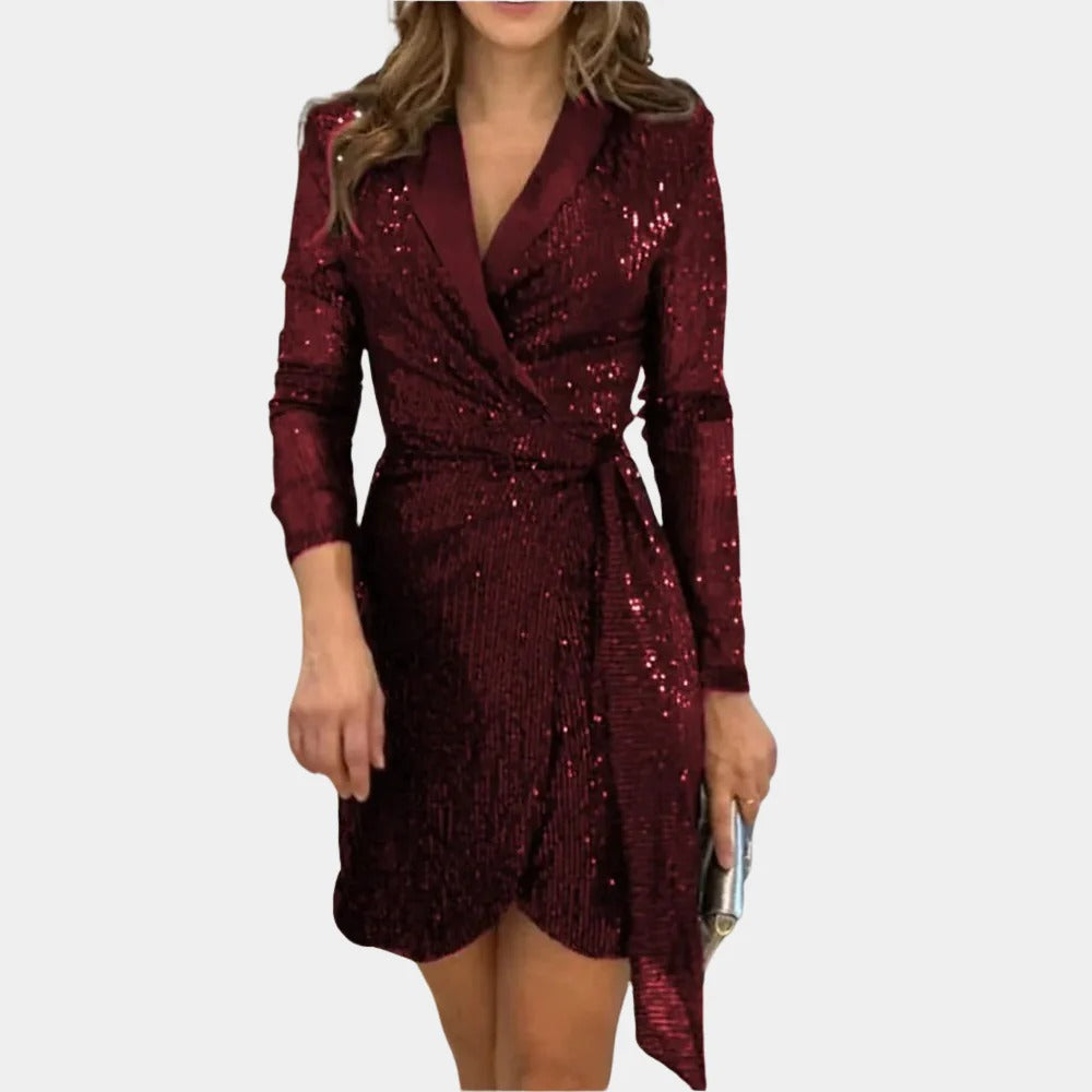 Belted Blazer Dress with Glitter Threading and Notched Lapel, Front Button Closure