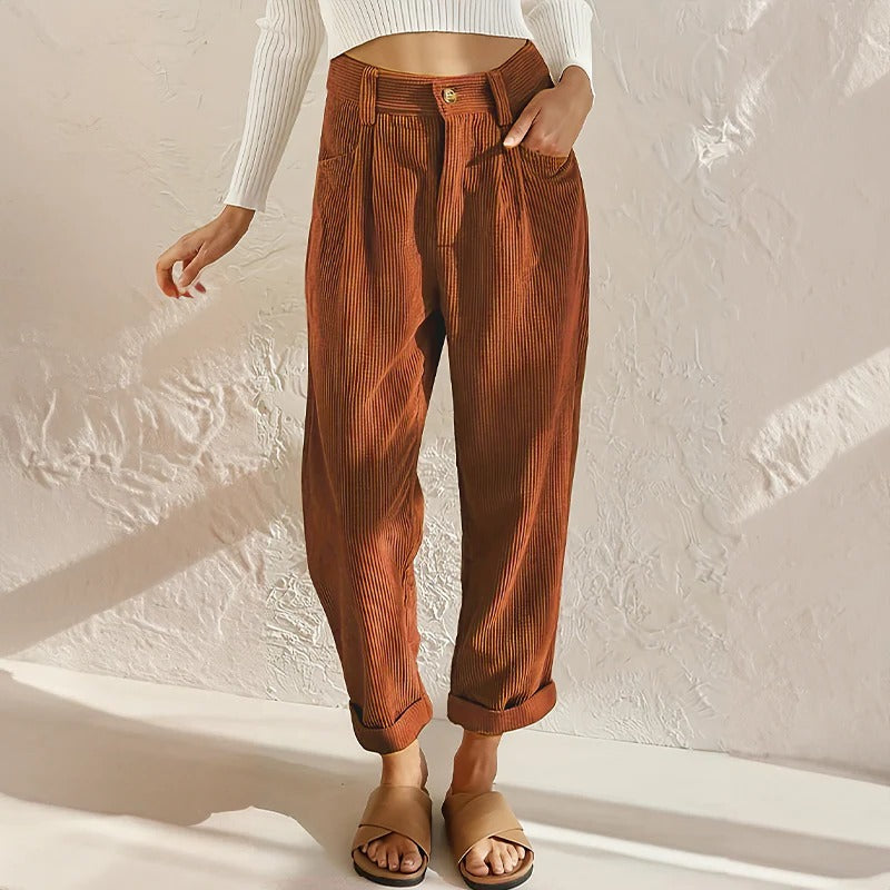 Women's Corduroy Pants with Elastic Waistband and Relaxed Leg Fit