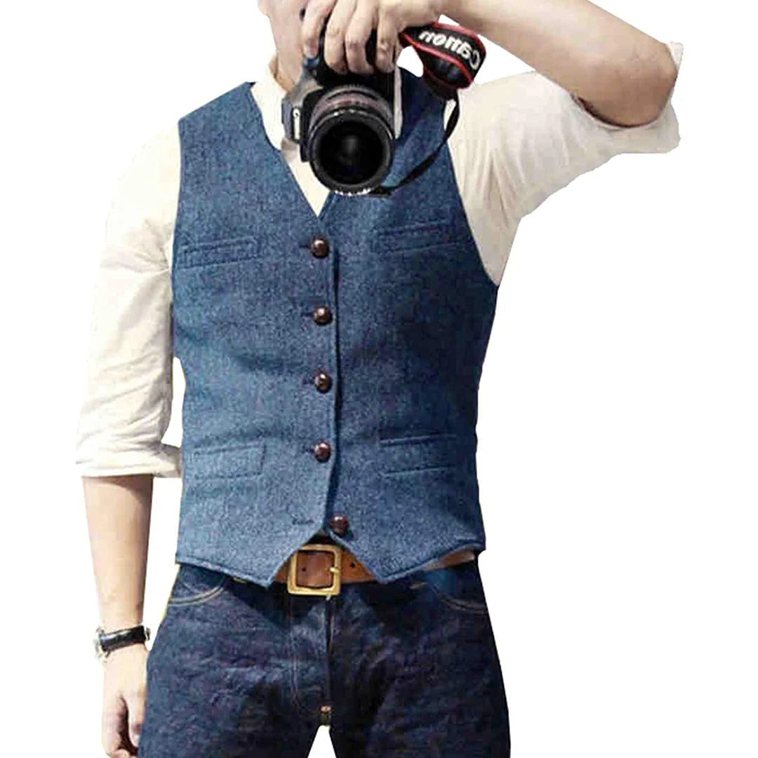 Men's Button Front Gilet with Wool Blend and Front Pockets