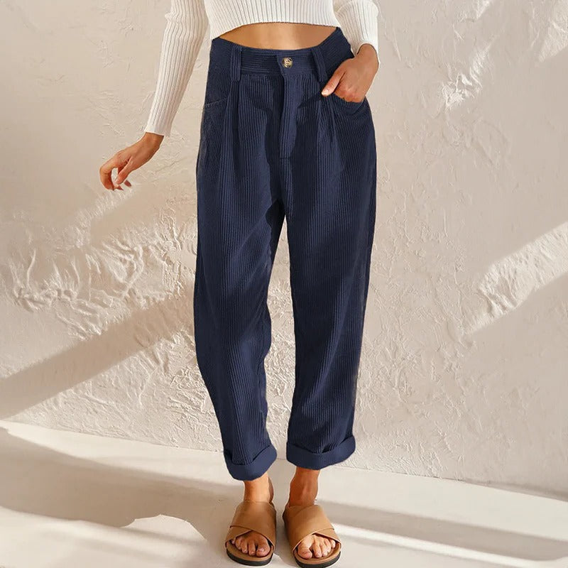 Women's Corduroy Pants with Elastic Waistband and Relaxed Leg Fit