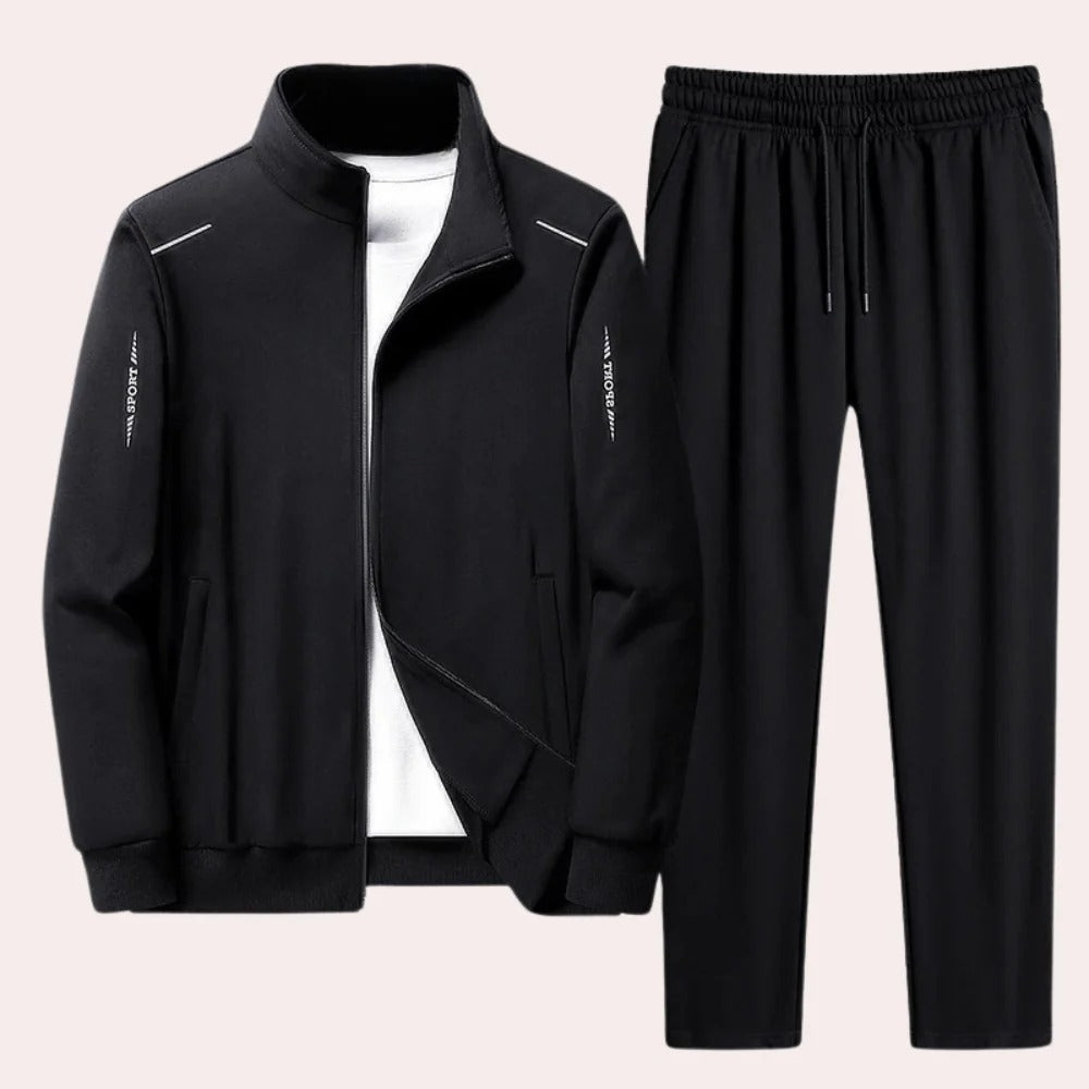 Men's Tracksuit with Standup Collar and Elasticated Cuffs, Full Length Black