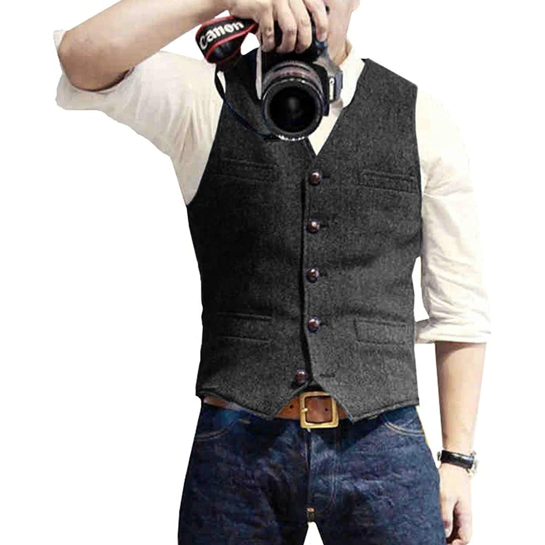 Men's Button Front Gilet with Wool Blend and Front Pockets