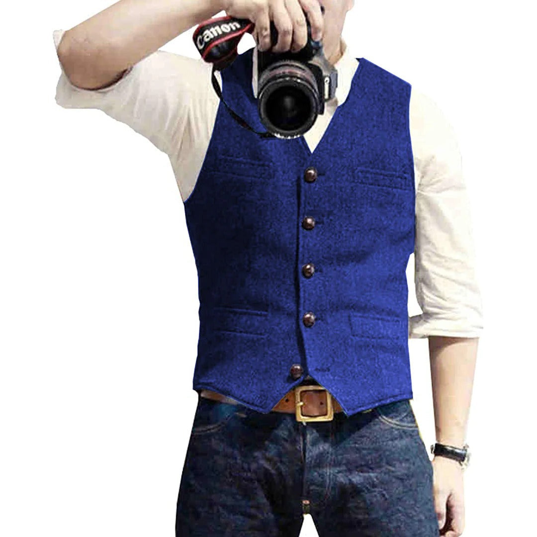 Men's Button Front Gilet with Wool Blend and Front Pockets