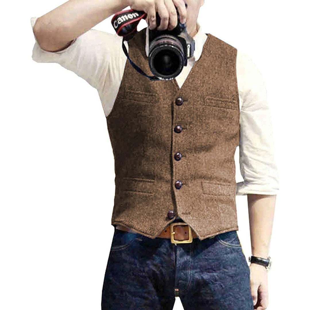 Men's Button Front Gilet with Wool Blend and Front Pockets